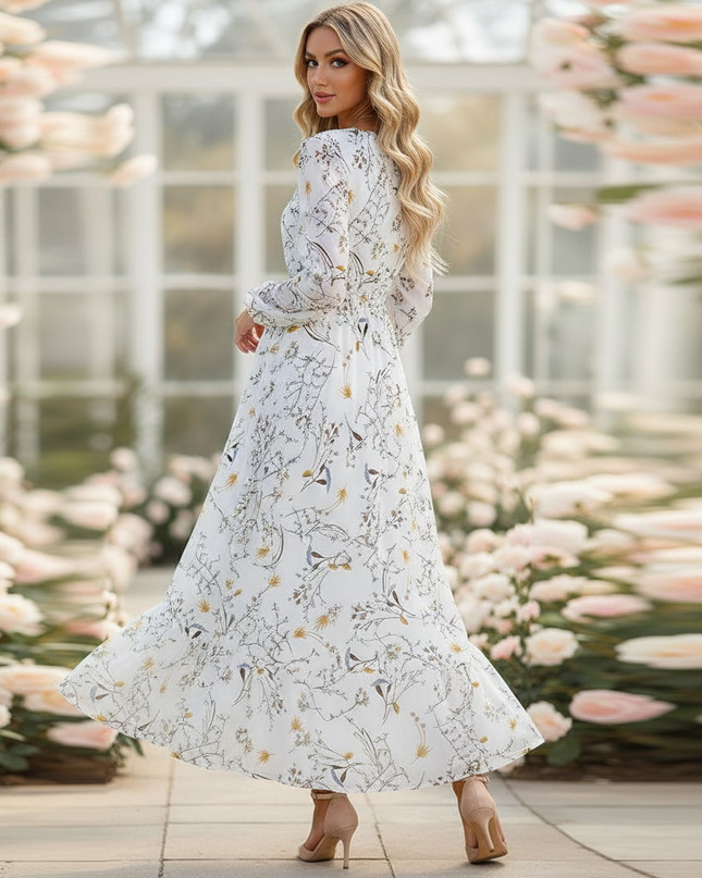 Romantisches Chiffonkleid Weiss Midi Langarm - Ansicht 2