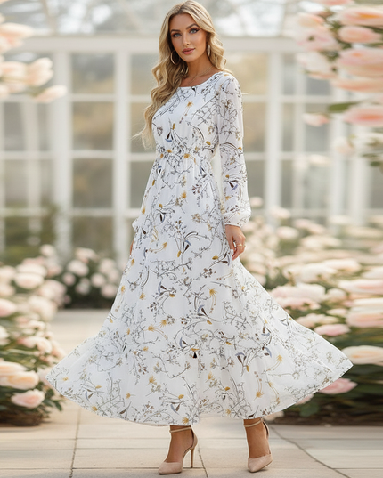 Romantisches Chiffonkleid Weiss Midi Langarm - Ansicht 3
