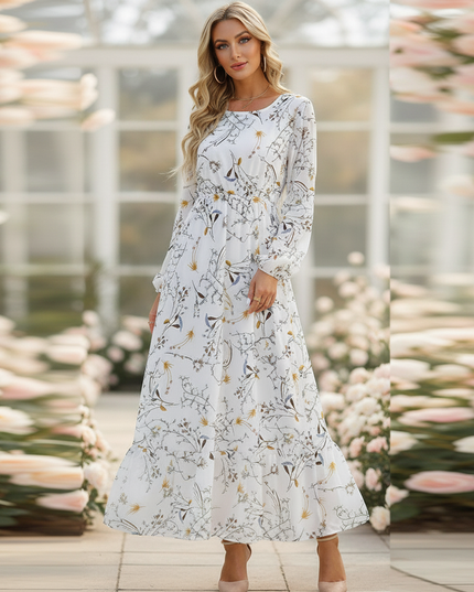 Romantisches Chiffonkleid Weiss Midi Langarm - Ansicht 4