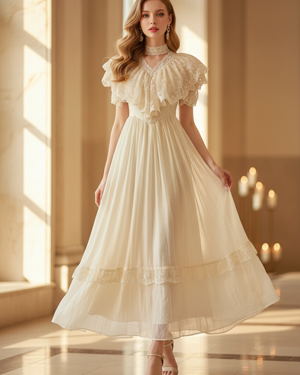 Chiffon Kleid Beige Vintage mit Spitze - Ansicht 1
