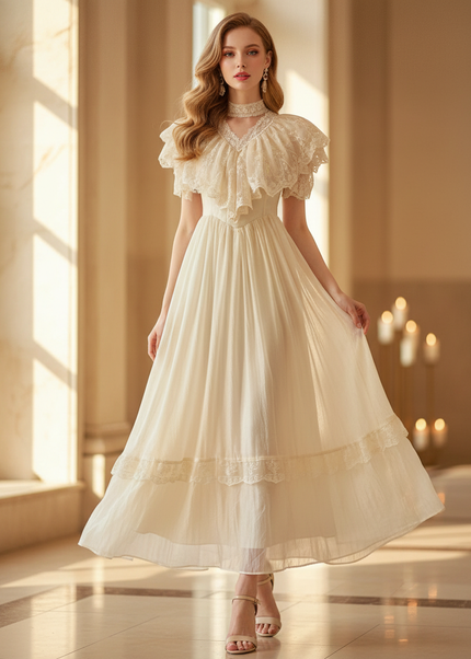 Chiffon Kleid Beige Vintage mit Spitze - Ansicht 1