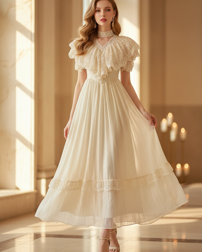 Chiffon Kleid Beige Vintage mit Spitze - Ansicht 1