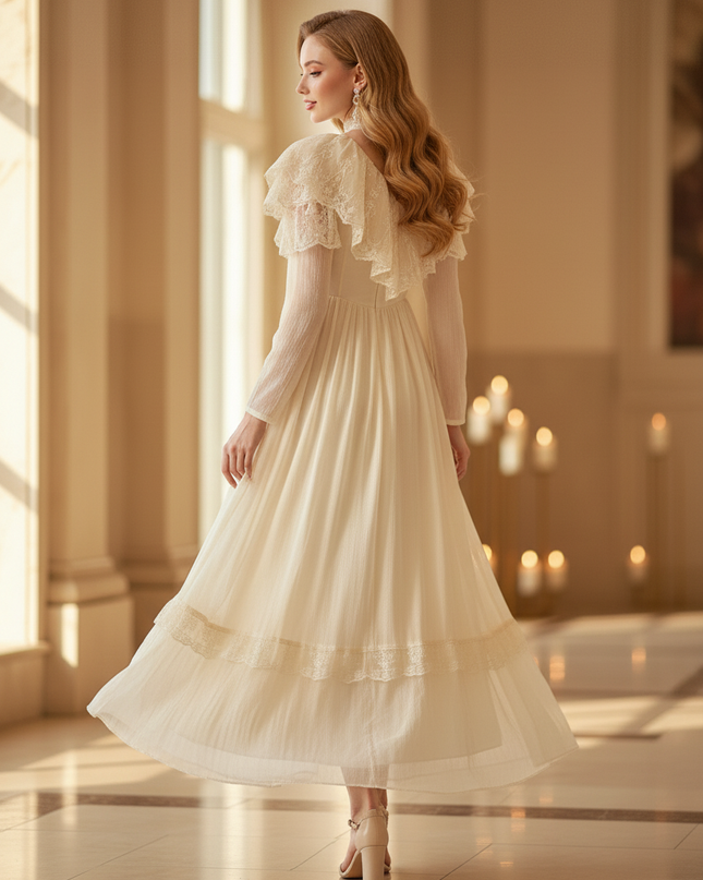 Chiffon Kleid Beige Vintage mit Spitze - Ansicht 2