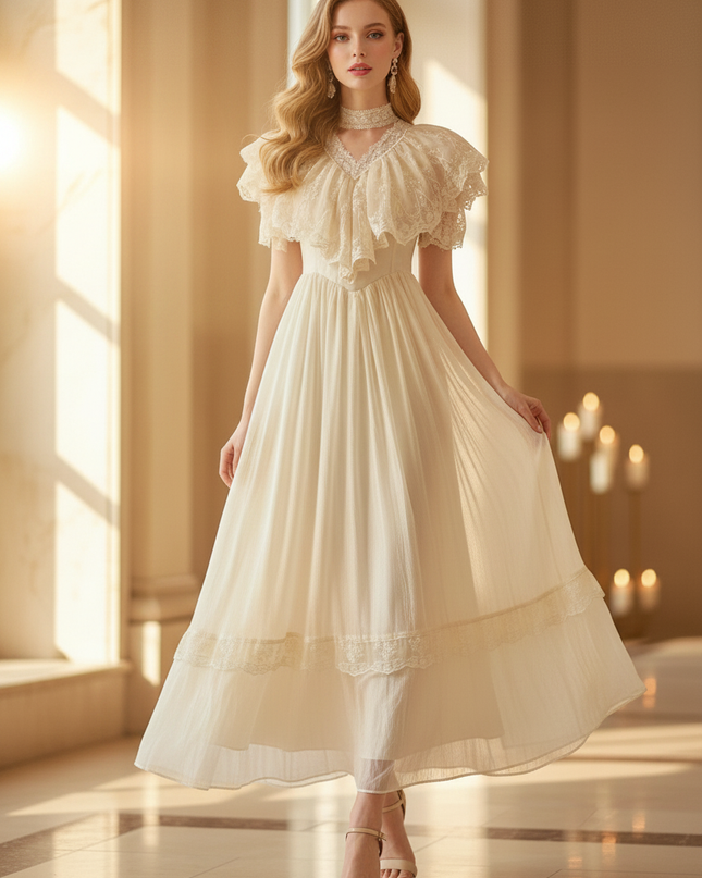 Chiffon Kleid Beige Vintage mit Spitze - Ansicht 3