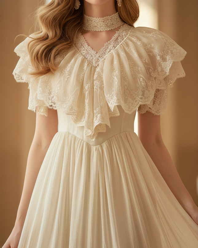 Chiffon Kleid Beige Vintage mit Spitze - Ansicht 4