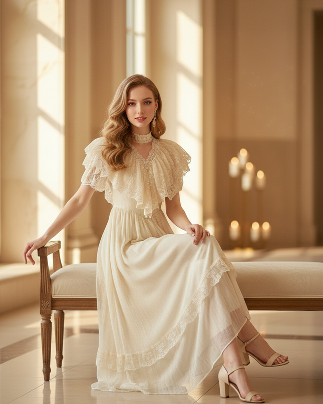 Chiffon Kleid Beige Vintage mit Spitze - Ansicht 5