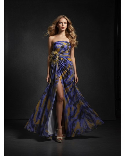 Buntes Chiffon Abendkleid mit abstraktem Print - Ansicht 1