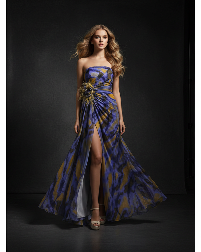 Buntes Chiffon Abendkleid mit abstraktem Print - Ansicht 1