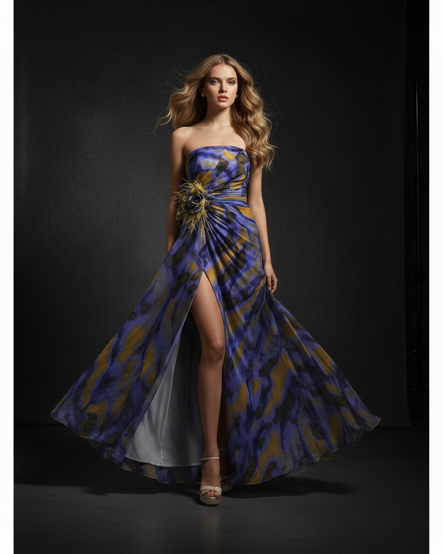 Buntes Chiffon Abendkleid mit abstraktem Print - Ansicht 3