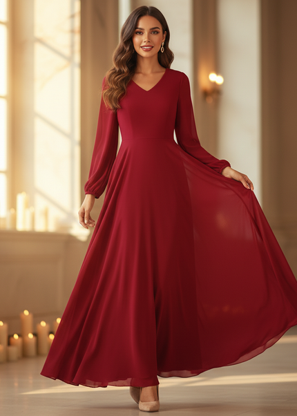 Bordeauxrotes Kleid mit V-Ausschnitt - Ansicht 1