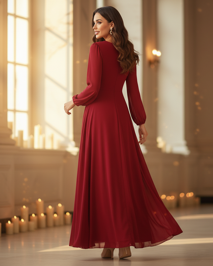 Bordeauxrotes Kleid mit V-Ausschnitt - Ansicht 2