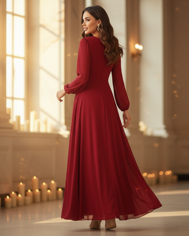 Bordeauxrotes Kleid mit V-Ausschnitt - Ansicht 2