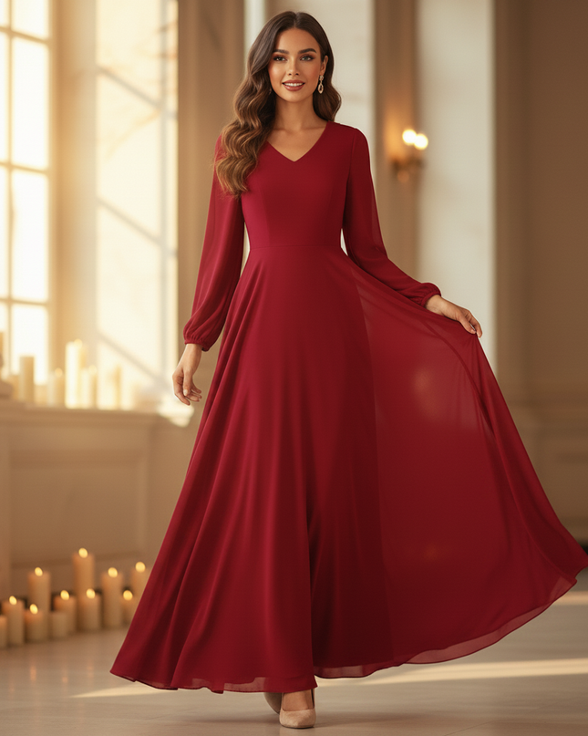 Bordeauxrotes Kleid mit V-Ausschnitt - Ansicht 3