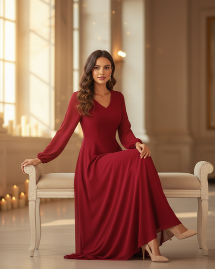 Bordeauxrotes Kleid mit V-Ausschnitt - Ansicht 5
