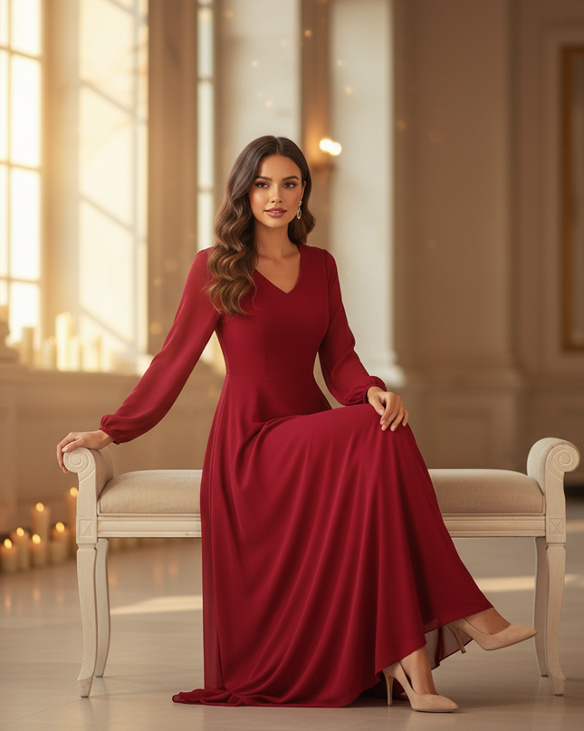 Bordeauxrotes Kleid mit V-Ausschnitt - Ansicht 5