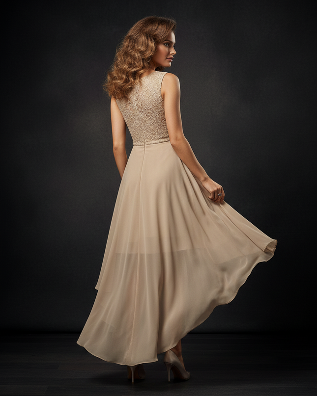 Chiffon Kleid Beige mit Spitzen-Oberteil - Ansicht 2