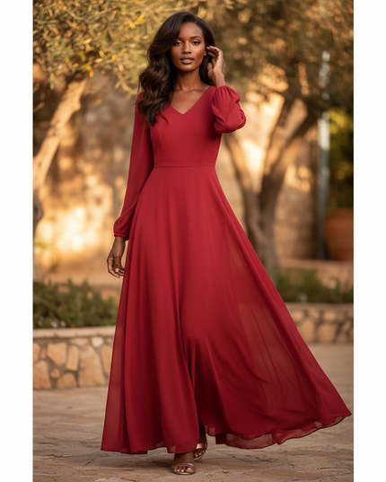 Rotes Maxi-Chiffonkleid mit Langarm - Ansicht 1