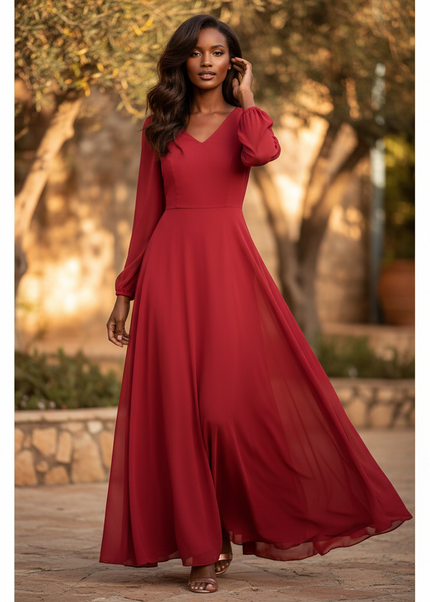 Rotes Maxi-Chiffonkleid mit Langarm - Ansicht 1