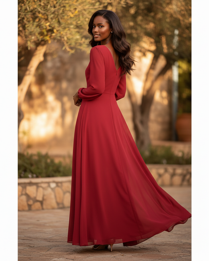Rotes Maxi-Chiffonkleid mit Langarm - Ansicht 2
