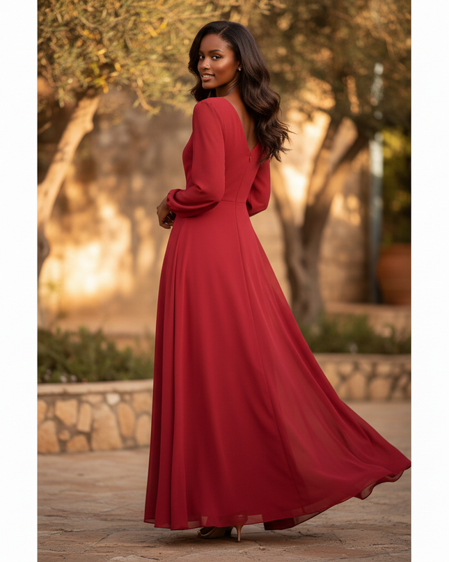 Rotes Maxi-Chiffonkleid mit Langarm - Ansicht 2