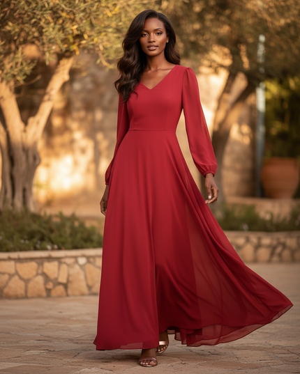 Rotes Maxi-Chiffonkleid mit Langarm - Ansicht 3