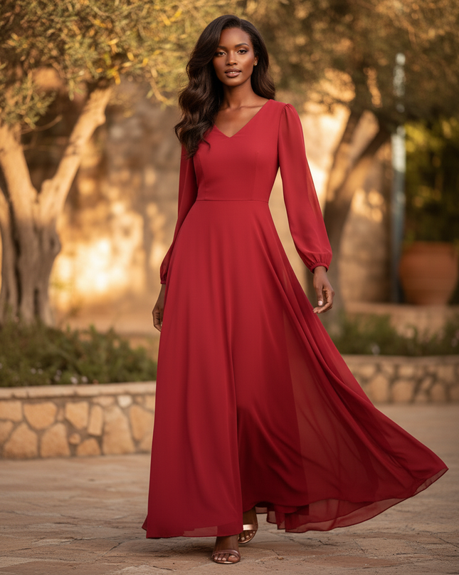 Rotes Maxi-Chiffonkleid mit Langarm - Ansicht 3