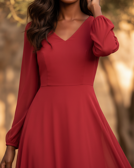 Rotes Maxi-Chiffonkleid mit Langarm - Ansicht 4