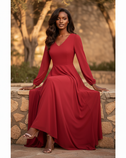 Rotes Maxi-Chiffonkleid mit Langarm - Ansicht 5