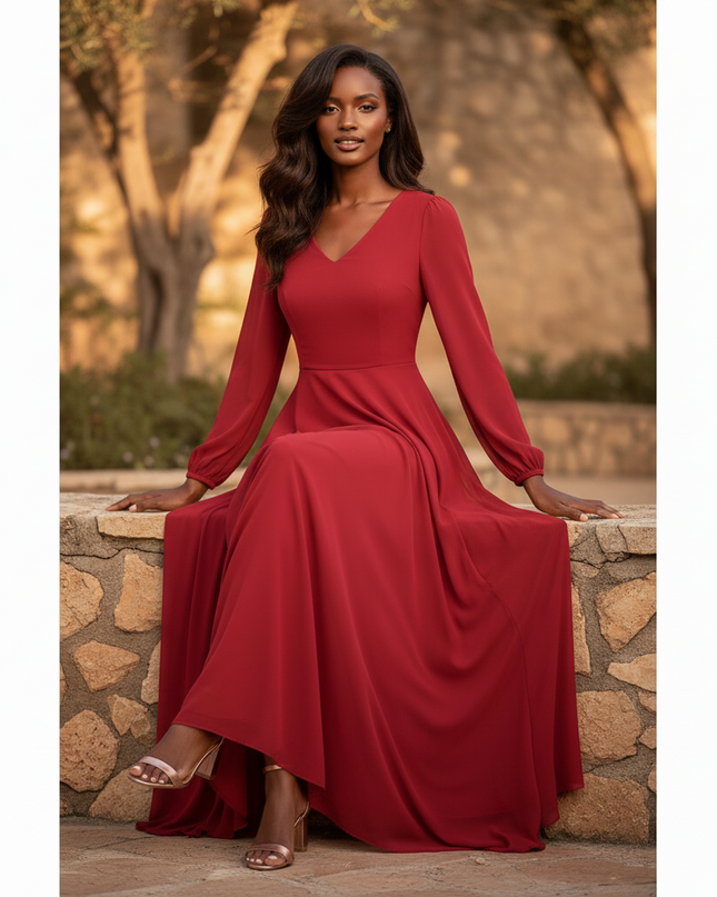 Rotes Maxi-Chiffonkleid mit Langarm - Ansicht 5