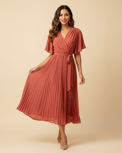 Chiffon Plisseekleid in Lachs mit Wickel - Ansicht 1