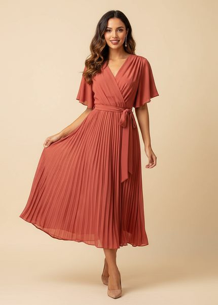 Chiffon Plisseekleid in Lachs mit Wickel - Ansicht 1