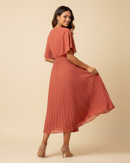 Chiffon Plisseekleid in Lachs mit Wickel - Ansicht 2