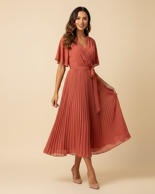 Chiffon Plisseekleid in Lachs mit Wickel - Ansicht 3