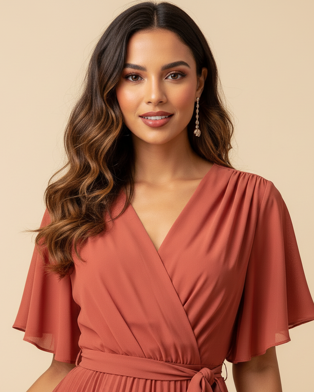 Chiffon Plisseekleid in Lachs mit Wickel - Ansicht 4