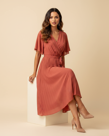 Chiffon Plisseekleid in Lachs mit Wickel - Ansicht 5