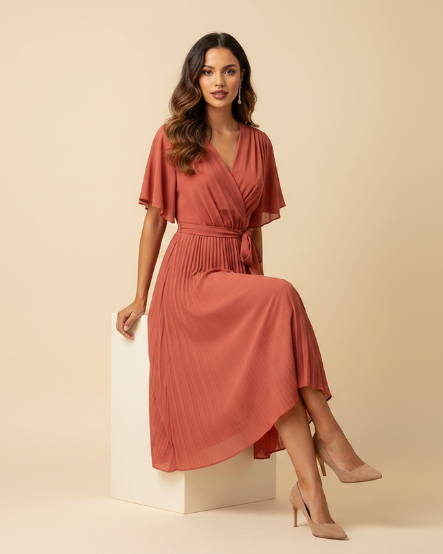 Chiffon Plisseekleid in Lachs mit Wickel - Ansicht 5