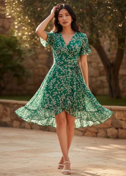 Chiffon Kleid mit Volant in Gruen - Ansicht 1