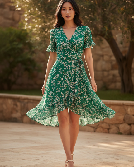 Chiffon Kleid mit Volant in Gruen - Ansicht 3