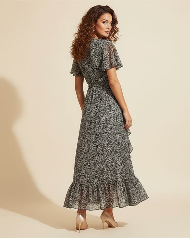 Schwarzes Chiffonkleid im Wickelstil - Ansicht 2