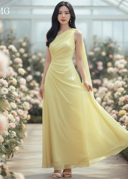 Gelbes langes Kleid mit elegantem Cape - Ansicht 1