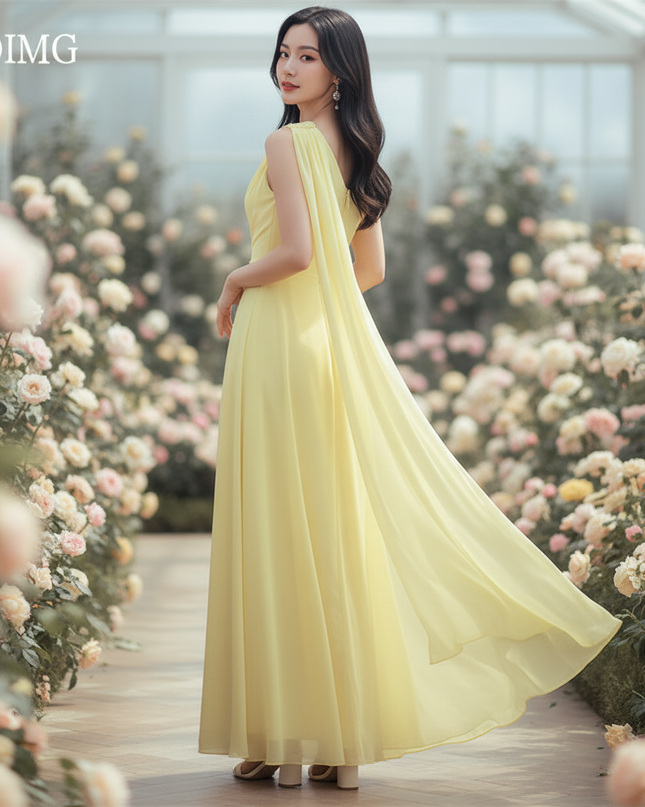 Gelbes langes Kleid mit elegantem Cape - Ansicht 2