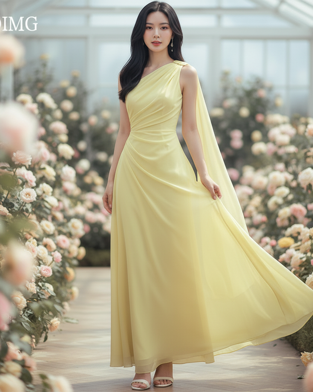 Gelbes langes Kleid mit elegantem Cape - Ansicht 3
