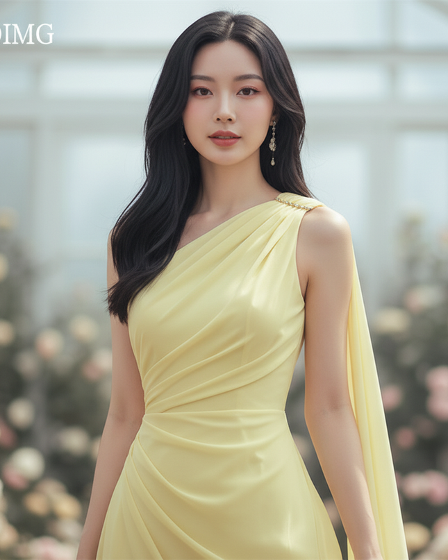 Gelbes langes Kleid mit elegantem Cape - Ansicht 4