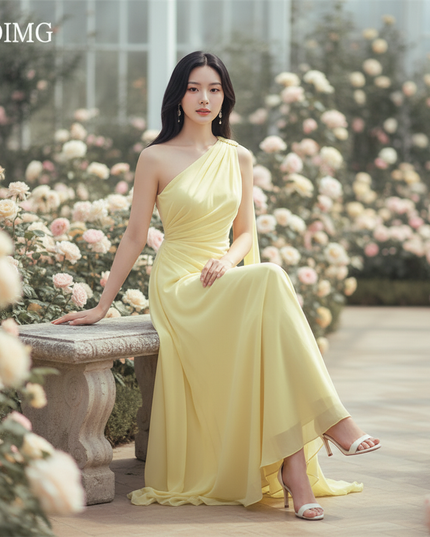Gelbes langes Kleid mit elegantem Cape - Ansicht 5