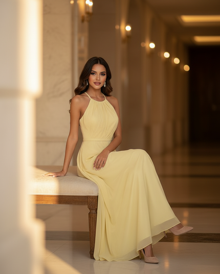 Gelbes langes Kleid mit Neckholder - Ansicht 5
