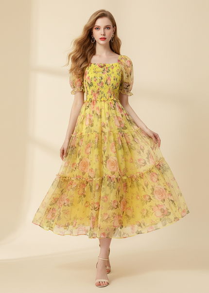 Gelbes Chiffon-Midikleid mit Volant-Saum - Ansicht 1