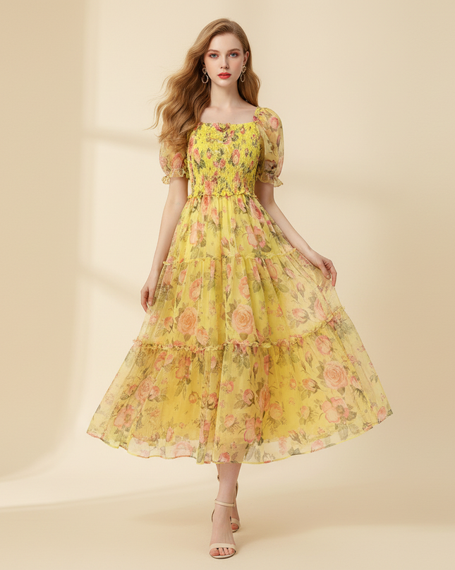 Gelbes Chiffon-Midikleid mit Volant-Saum - Ansicht 1