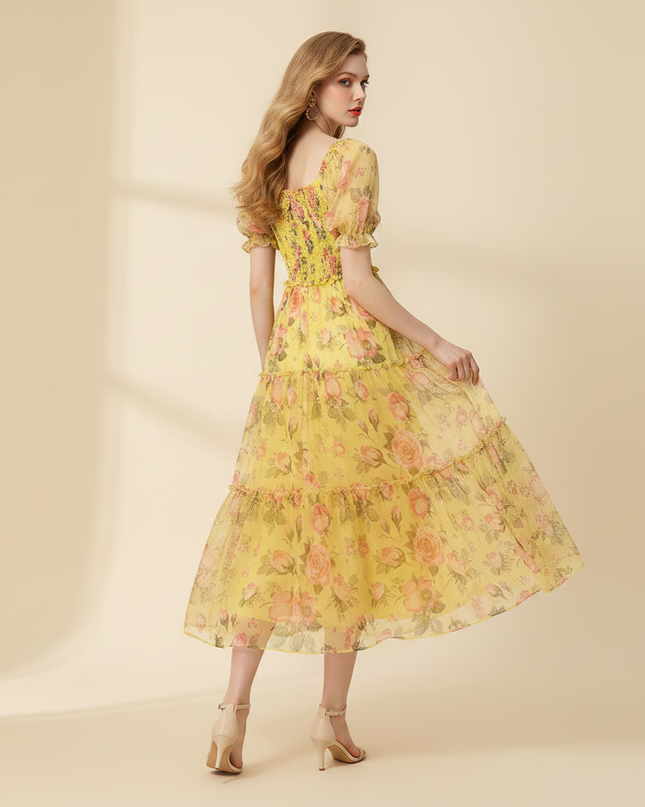 Gelbes Chiffon-Midikleid mit Volant-Saum - Ansicht 2