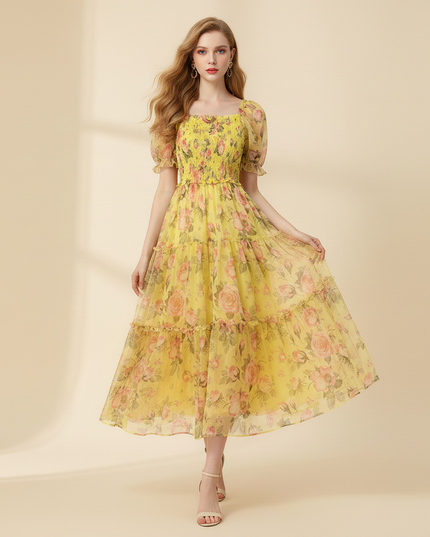 Gelbes Chiffon-Midikleid mit Volant-Saum - Ansicht 3