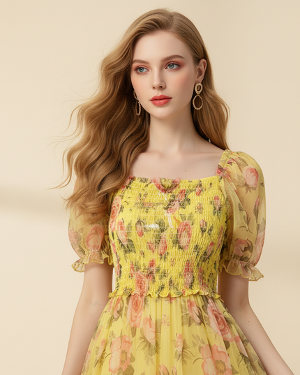 Gelbes Chiffon-Midikleid mit Volant-Saum - Ansicht 4